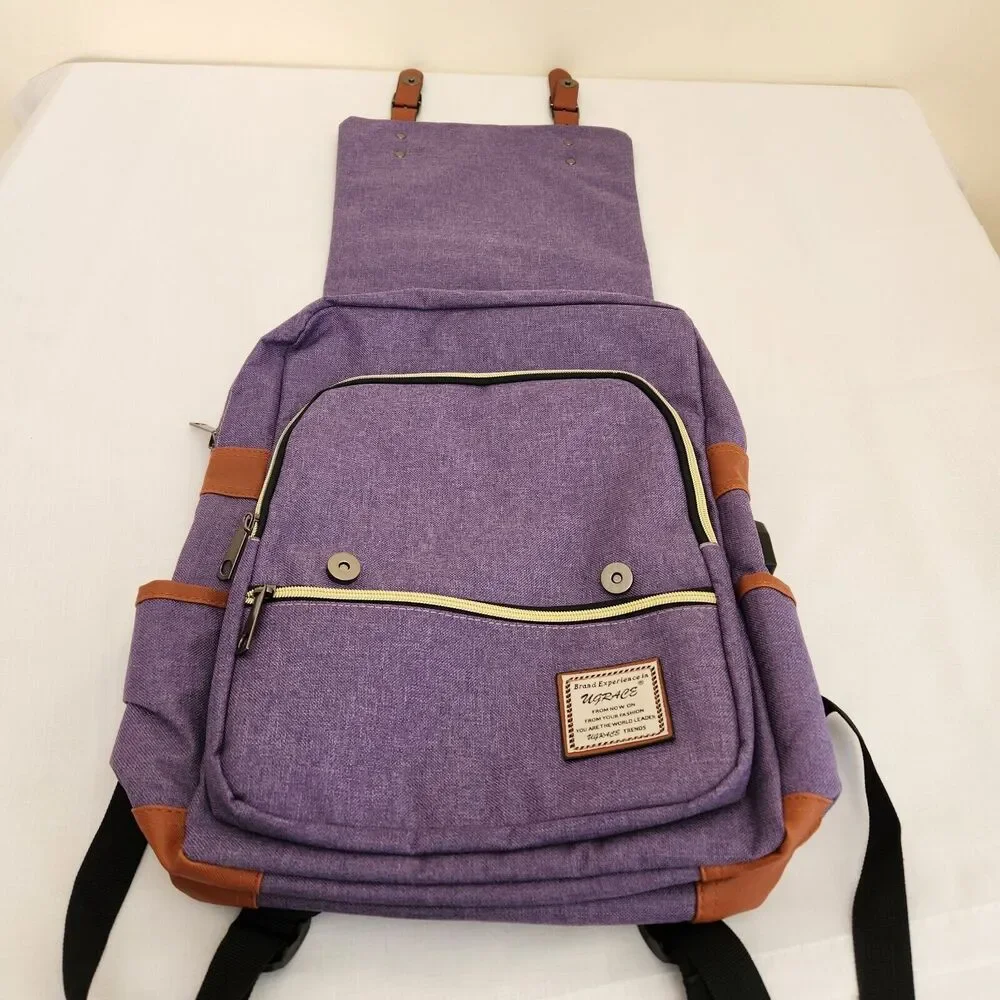 UGrace Backpack Laptop Travel ~ USB Charging Port Purple Canvas Water Resistant.